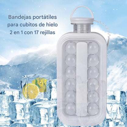 (30% DE DESCUENTO) Bandeja para cubitos de hielo 2 en 1, botella de agua portátil con tapa, máquina para hacer cubitos de hielo, molde de silicona de cuerpo plano para whisky, hockey, cócteles, café, champán, cerveza, jugo, blanco